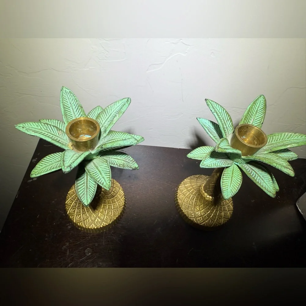 2 Vintage Brass‎ Palm Tree Taper Candle Stick Holders  Tropical Decor 6” H Green